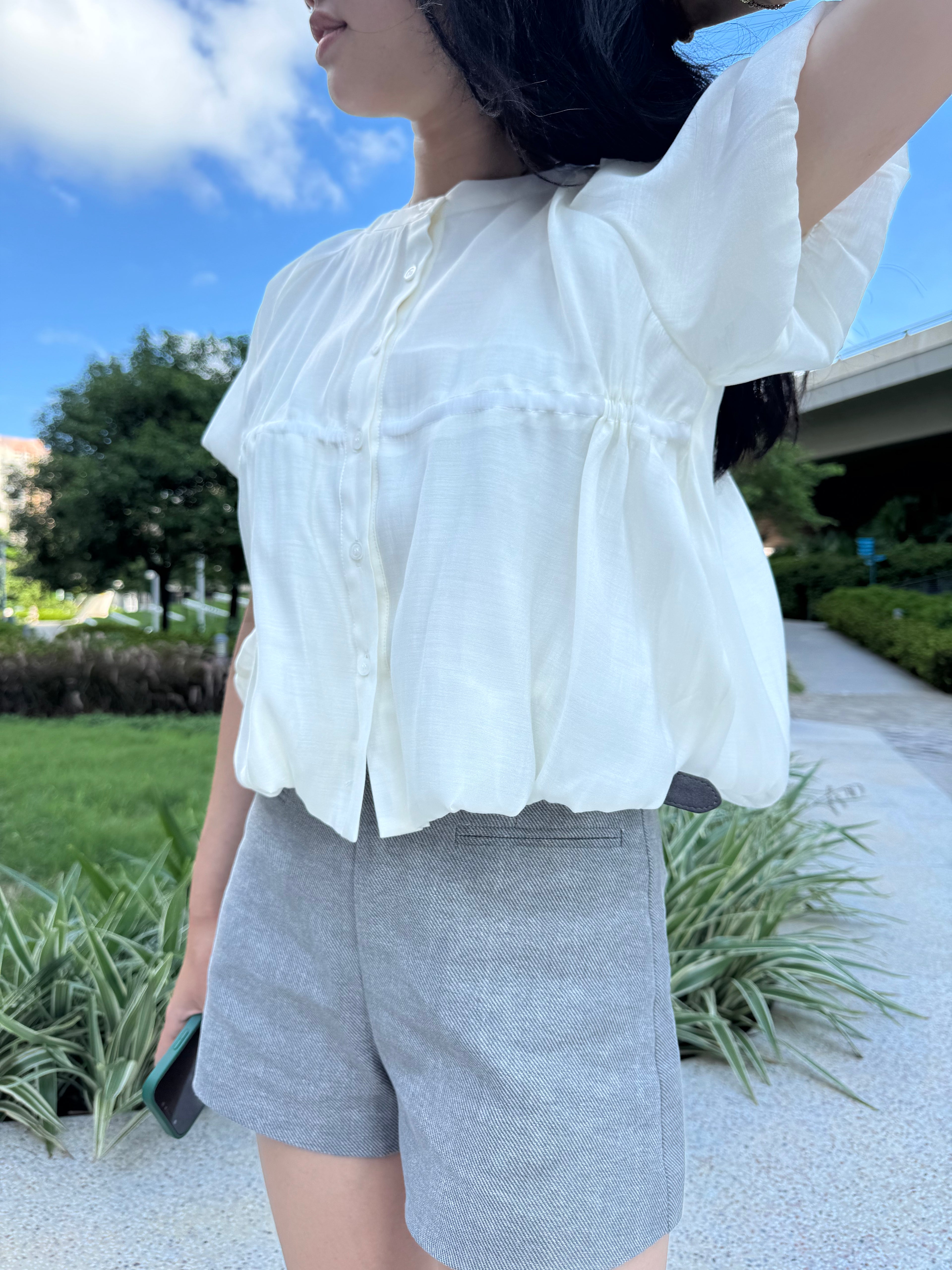 Waist Gathered Puff Sleeve Cropped Shirt